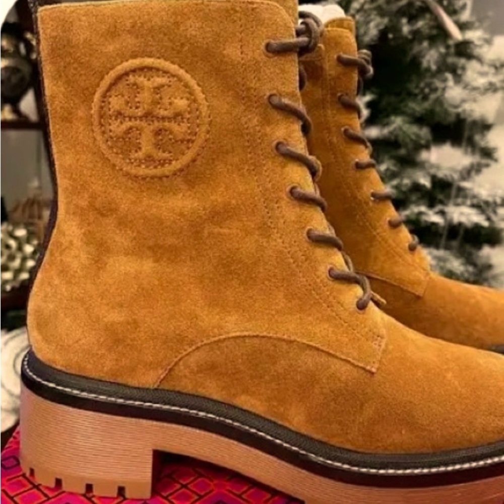 New Tory Burch Lace Up Boots with Side Zipper and Sturdy Sole.